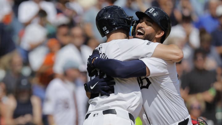 Sep 1, 2024; Detroit, Michigan, USA;  Detroit Tigers outfielder Riley Greene (31) celebrates with outfielder Parker Meadows (22) after he hits a two run home run in the sixth inning against the Boston Red Sox at Comerica Park. 