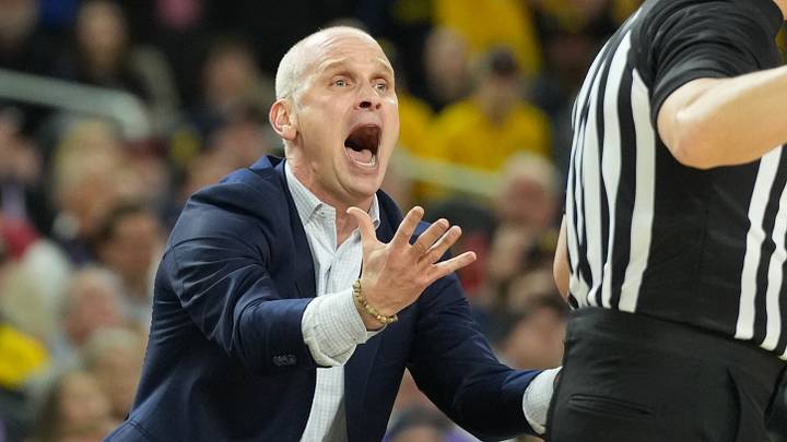 Apr 6, 2026; Indianapolis, IN, USA; Connecticut Huskies head coach Dan Hurley reacts against the Michigan Wolverines in the second half during the national championship of the Final Four of the men's 2026 NCAA Tournament at Lucas Oil Stadium. Mandatory Credit: Robert Deutsch-Imagn Images