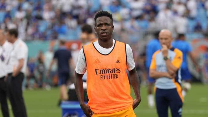 Aug 6, 2024; Charlotte, NC, USA; Real Madrid forward Vinicius Junior (7) warms up during the first half against Chelsea at Bank of America Stadium.