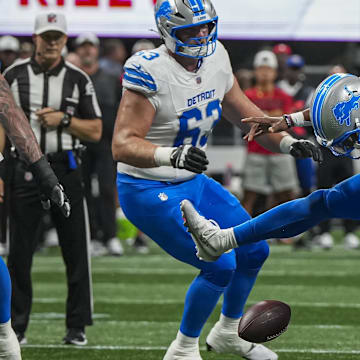 Detroit Lions quarterback Hendon Hooker (2) fumbles against the Atlanta Falcons during the second quarter