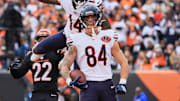 Nov 2, 2025; Cincinnati, Ohio, USA; Chicago Bears tight end Colston Loveland (84) celebrates with wide receiver Olamide Zaccheaus (14) after catching a 5-yard touchdown pass thrown by quarterback Caleb Williams (not pictured) against Cincinnati Bengals safety Geno Stone (22) during the third quarter at Paycor Stadium. Mandatory Credit: Katie Stratman-Imagn Images