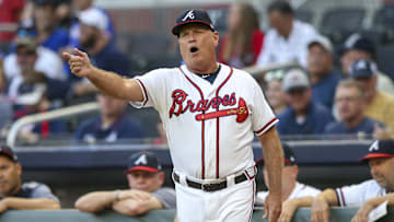 Aug 20, 2019; Atlanta, GA, USA; Atlanta Braves manager Brian Snitker (43) yells at umpire Alan Porter (not pictured) against the Miami Marlins in the first inning at SunTrust Park. Mandatory Credit: Brett Davis-Imagn Images