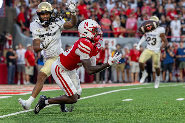 Nebraska wide receiver Jaylen Lloyd catches a 36-yard pass from quarterback Dylan Raiola against Colorado.