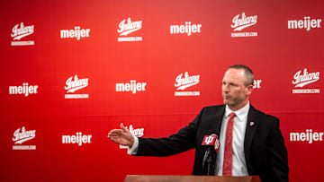 Indiana University men's basketball Head Coach Darian DeVries speaks at the introductory press conference at Simon Skjodt Assembly Hall on Wednesday, March 19, 2025.