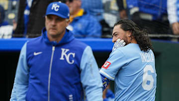Mar 30, 2025; Kansas City, Missouri, USA; Kansas City Royals left fielder Jonathan India (6) reacts after being hit by a pitch during the ninth inning against the Cleveland Guardians at Kauffman Stadium. Mandatory Credit: Jay Biggerstaff-Imagn Images
