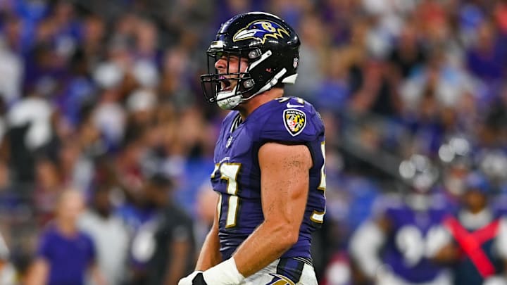 Aug 27, 2022; Baltimore, Maryland, USA; Baltimore Ravens linebacker Kristian Welch (57) reacts after sacking Washington Commanders quarterback Sam Howell (not pictured) during the second half at M&T Bank Stadium. Mandatory Credit: Tommy Gilligan-Imagn Images