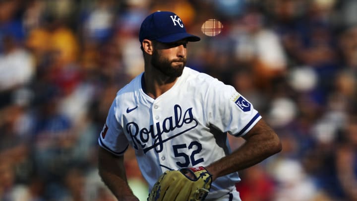 Aug 10, 2024; Kansas City, Missouri, USA; Kansas City Royals starting pitcher Michael Wacha (52) pitches during the first inning against the St. Louis Cardinals at Kauffman Stadium. Mandatory Credit: Jay Biggerstaff-USA TODAY Sports