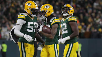 Green Bay Packers cornerback Kevin King (20), center, celebrates an interception in the end zone with Green Bay Packers inside linebacker De'Vondre Campbell (59) and Green Bay Packers inside linebacker Oren Burks (42)  during the second half of the 17-0 win at Lambeau Field in Green Bay on Sunday, Nov. 14, 2021.   Photo by Mike De Sisti / Milwaukee Journal Sentinel via USA TODAY NETWORK