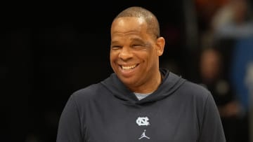 Mar 20, 2024; Charlotte, NC, USA; North Carolina Tar Heels head coach Hubert Davis during practice at Spectrum Center. Mandatory Credit: Bob Donnan-USA TODAY Sports