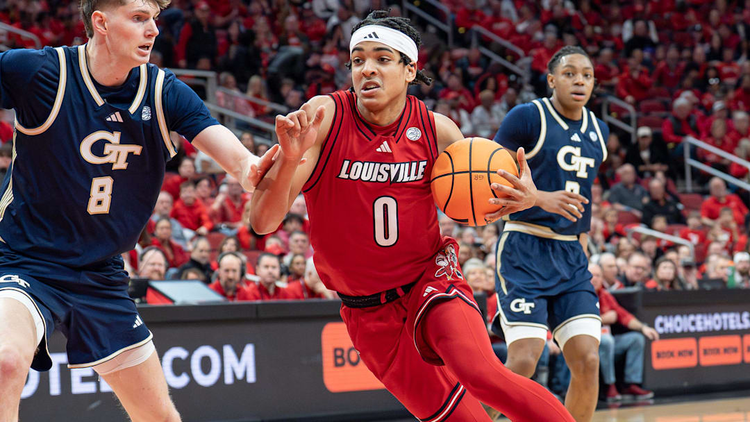 Louisville Cardinals guard Mikel Brown Jr. (0) drives the basket as the Louisville Cardinals host the Georgia Tech Yellow Jackets in an NCAA basketball game at the KFC Yum! Center, Saturday, Feb. 21, 2026, in Louisville.