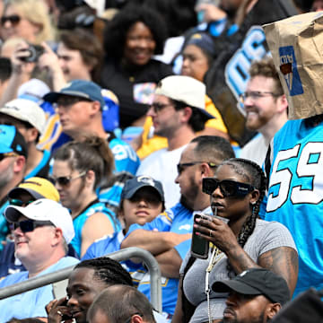 Sep 15, 2024; Charlotte, North Carolina, USA; Carolina Panthers fan reacts in the fourth quarter at Bank of America Stadium.