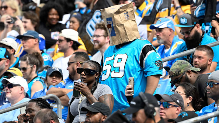 Sep 15, 2024; Charlotte, North Carolina, USA; Carolina Panthers fan reacts in the fourth quarter at Bank of America Stadium.