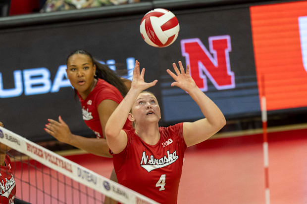 Nebraska setter Campbell Flynn readies the ball for a teammate during the Red-White Scrimmage on Saturday.