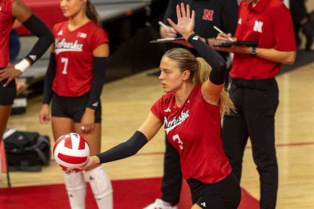 Nebraska opposite hitter Allie Sczech prepares to serve the ball during the Red-White Scrimmage on Saturday.