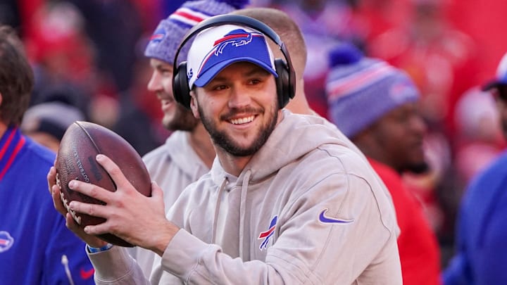 Buffalo Bills quarterback Josh Allen smiles against the Kansas City Chiefs prior to a game at at Arrowhead Stadium in 2023.