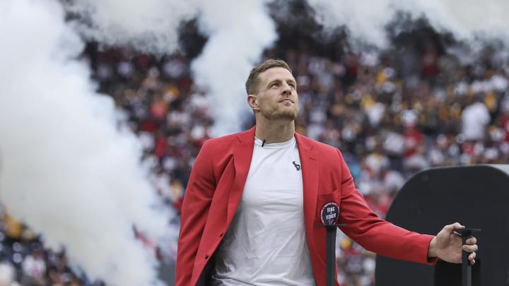 Oct 1, 2023; Houston, Texas, USA; Former Houston Texans player J.J. Watt after being inducted into