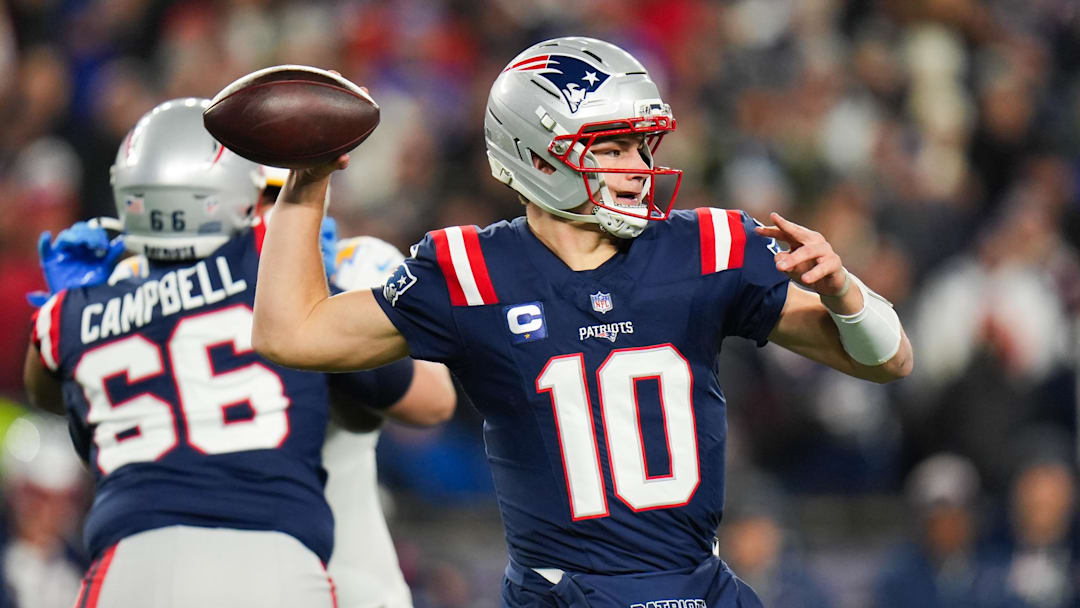 Jan 11, 2026; Foxborough, MA, USA; New England Patriots quarterback Drake Maye (10) throws a pass during the first quarter against the Los Angeles Chargers in an AFC Wild Card Round game at Gillette Stadium. Mandatory Credit: David Butler II-Imagn Images