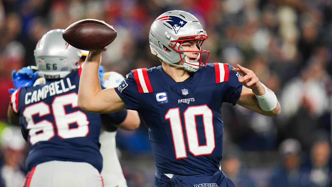 Jan 11, 2026; Foxborough, MA, USA; New England Patriots quarterback Drake Maye (10) throws a pass during the first quarter against the Los Angeles Chargers in an AFC Wild Card Round game at Gillette Stadium. Mandatory Credit: David Butler II-Imagn Images