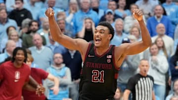 Jan 18, 2025; Chapel Hill, North Carolina, USA; Stanford Cardinal guard Jaylen Blakes (21) reacts after hitting the game winning shot in the second half at Dean E. Smith Center. Mandatory Credit: Bob Donnan-Imagn Images