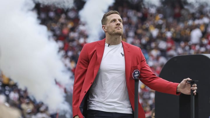 Oct 1, 2023; Houston, Texas, USA; Former Houston Texans player J.J. Watt after being inducted into the Texans Ring of Honor during the game against the Pittsburgh Steelers at NRG Stadium. Mandatory Credit: Troy Taormina-USA TODAY Sports