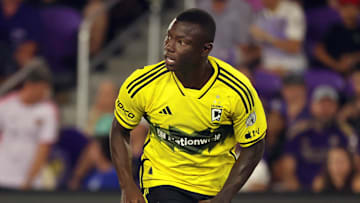 May 25, 2024; Orlando, Florida, USA; Columbus Crew forward Marino Hinestroza (11) runs against the Orlando City during the second half at Inter&Co Stadium. Mandatory Credit: Kim Klement Neitzel-Imagn Images
