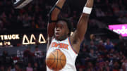 Mar 14, 2024; Portland, Oregon, USA; New York Knicks forward OG Anunoby (8) reacts after a dunk