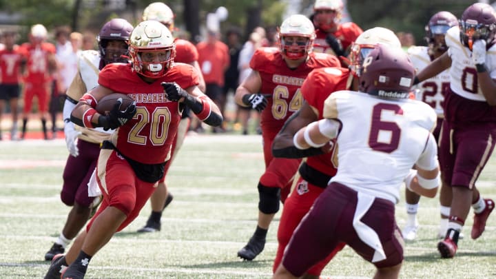 Sept 2, 2023; Oradell, NJ, USA; Iona Prep (NY) at Bergen Catholic (NJ) in a high school football game on Saturday, Sept. 2, 2023. BC #20 Dante Kain. Mandatory Credit: Michael Karas-The Record