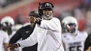 Sep 12, 2025; Houston, Texas, USA; Colorado Buffaloes head coach Deion Sanders reacts after a play during the third quarter against the Houston Cougars at TDECU Stadium. Mandatory Credit: Troy Taormina-Imagn Images