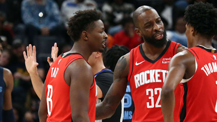 Feb 14, 2024; Memphis, Tennessee, USA; Houston Rockets forward Jeff Green (32) talks with forward Jae'Sean Tate (8) and forward Amen Thompson (1) during the second half against the Memphis Grizzlies at FedExForum. Mandatory Credit: Petre Thomas-Imagn Images