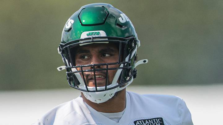 Jul 28, 2021; Florham Park, NJ, United States; New York Jets offensive guard Alijah Vera-Tucker (75) looks on during training camp at Atlantic Health Jets Training Center. Mandatory Credit: Vincent Carchietta-USA TODAY Sports