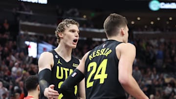 Feb 1, 2023; Salt Lake City, Utah, USA; Utah Jazz forward Lauri Markkanen (23) and center Walker Kessler (24) react to a foul by the Toronto Raptors in the fourth quarter at Vivint Arena. Mandatory Credit: Rob Gray-Imagn Images
