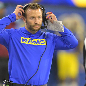 Dec 28, 2024; Inglewood, California, USA;  Los Angeles Rams head coach Sean McVay on the sidelines in the second half against the Arizona Cardinals at SoFi Stadium. Mandatory Credit: Jayne Kamin-Oncea-Imagn Images