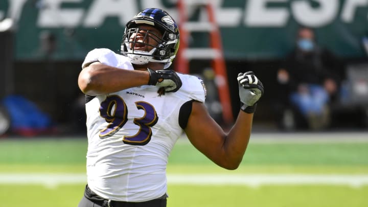 Oct 18, 2020; Philadelphia, Pennsylvania, USA; Baltimore Ravens defensive end Calais Campbell (93) celebrates after a sack against the Philadelphia Eagles during the first quarter at Lincoln Financial Field. Mandatory Credit: Eric Hartline-USA TODAY Sports