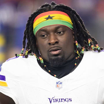 Jan 13, 2025; Glendale, AZ, USA; Minnesota Vikings linebacker Brian Asamoah II (6) against the Los Angeles Rams during an NFC wild card game at State Farm Stadium. Mandatory Credit: Mark J. Rebilas-Imagn Images
