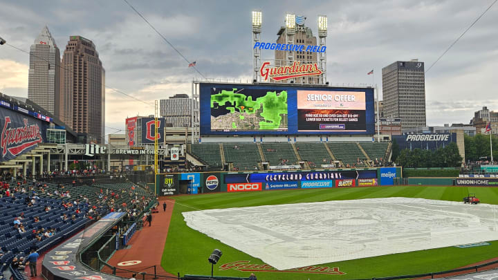 Aug 6, 2024; Cleveland, Ohio, USA; A general view of the field during a weather delay before a game between the Cleveland Guardians and the Arizona Diamondbacks at Progressive Field. Mandatory Credit: David Richard-USA TODAY Sports