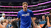 Oct 11, 2025; Dallas, Texas, USA; Dallas Mavericks forward Cooper Flagg (32) leaves the court after the game against the Charlotte Hornets at American Airlines Center. Mandatory Credit: Raymond Carlin III-Imagn Images