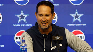 Jun 10, 2025; Arlington, TX, USA;  Dallas Cowboys head coach Brian Schottenheimer addresses the media before practice at the Ford Center at the Star Training Facility in Frisco, Texas. Mandatory Credit: Chris Jones-Imagn Images