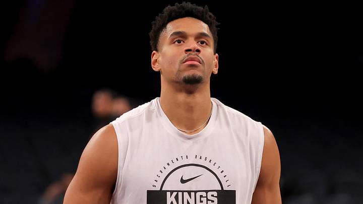 Jan 27, 2026; New York, New York, USA; Sacramento Kings center Dylan Cardwell (32) warms up before a game against the New York Knicks at Madison Square Garden. Mandatory Credit: Brad Penner-Imagn Images