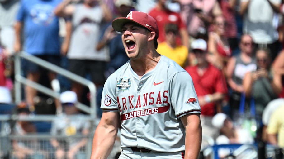 Arkansas Razorbacks starting pitcher Gage Wood celebrates completing a no-hitter at the College World Series. | Steven Branscombe-Imagn Images