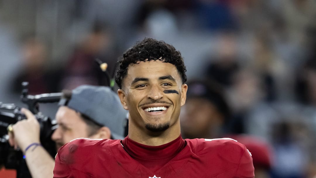 Dec 7, 2025; Glendale, Arizona, USA; Arizona Cardinals wide receiver Michael Wilson (14) against the Los Angeles Rams at State Farm Stadium. Mandatory Credit: Mark J. Rebilas-Imagn Images