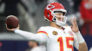Nov 27, 2025; Arlington, Texas, USA; Kansas City Chiefs quarterback Patrick Mahomes (15) warms up prior to the game against the Dallas Cowboys at AT&T Stadium. Mandatory Credit: Kevin Jairaj-Imagn Images