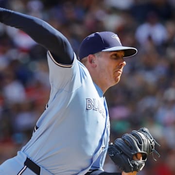 Toronto Blue Jays relief pitcher Chad Green (57) throws to the Minnesota Twins in the eighth inning at Target Field on Sept 3.