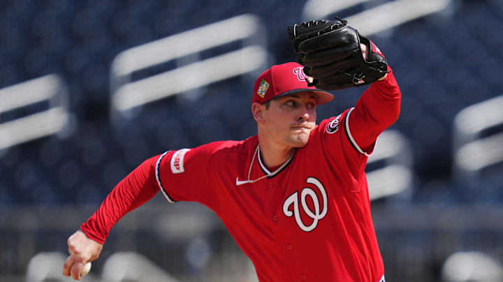 Mar 2, 2026; West Palm Beach, Florida, USA;  Washington Nationals pitcher Drew Smith (45) pitches in the third inning against the Houston Astros at CACTI Park of the Palm Beaches. Mandatory Credit: Jim Rassol-Imagn Images