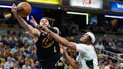 May 11, 2025; Indianapolis, Indiana, USA; Cleveland Cavaliers guard Max Strus (1) shoots the ball while Indiana Pacers center Myles Turner (33) defends during game four of the second round for the 2025 NBA Playoffs at Gainbridge Fieldhouse. Mandatory Credit: Trevor Ruszkowski-Imagn Images