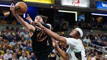 May 11, 2025; Indianapolis, Indiana, USA; Cleveland Cavaliers guard Max Strus (1) shoots the ball while Indiana Pacers center Myles Turner (33) defends during game four of the second round for the 2025 NBA Playoffs at Gainbridge Fieldhouse. Mandatory Credit: Trevor Ruszkowski-Imagn Images