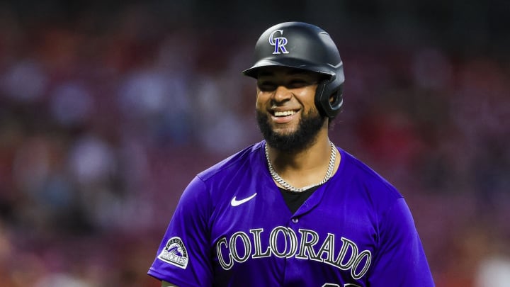 Jul 10, 2024; Cincinnati, Ohio, USA; Colorado Rockies catcher Elias Diaz (35) reacts after a play in the eighth inning against the Cincinnati Reds at Great American Ball Park. 