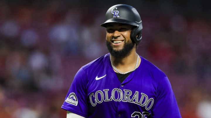 Jul 10, 2024; Cincinnati, Ohio, USA; Colorado Rockies catcher Elias Diaz (35) reacts after a play in the eighth inning against the Cincinnati Reds at Great American Ball Park