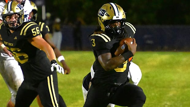 West Boca Raton football's Javian Mallory (3) runs during a win over Benjamin on Thursday, Aug. 22, 2024.