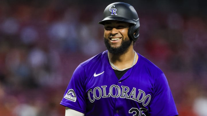 Jul 10, 2024; Cincinnati, Ohio, USA; Colorado Rockies catcher Elias Diaz (35) reacts after a play in the eighth inning against the Cincinnati Reds at Great American Ball Park. Mandatory Credit: Katie Stratman-USA TODAY Sports