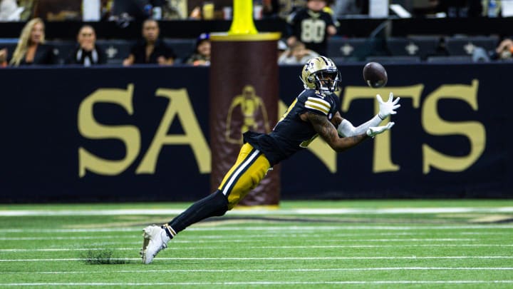 Dec 10, 2023; New Orleans, Louisiana, USA; New Orleans Saints wide receiver A.T. Perry (17) catchers a pass against the Carolina Panthers during the second half at the Caesars Superdome. Mandatory Credit: Stephen Lew-USA TODAY Sports